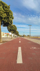 Palm trees promenade and cycle path, Esposende, The marginal riverside, along the mouth of the Cavado River in Esposende, Portugal.