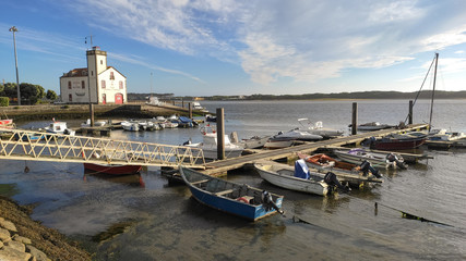 Fototapeta premium Esposende / Portugal - July 31, 2020: The Marina of Esposende, located on the river, it is situated at the estuary of the river Cávado. The Maritime Museum in the background.