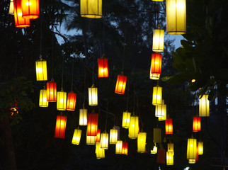 Shining yellow and red balloons. Asian traditions. Wallpaper, backdrop and postcard.