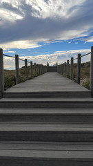 Wooden stairs through the dunes up to the beach at the Northern Litoral Natural Park in Esposende, Portugal.