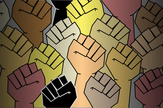 Stylized background of raised fists, people of different nationalities. Protest, revolution. Vector