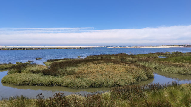 The mouth of the Cavado River (Northern Litoral Natural Park) in Esposende, Portugal. The large estuary of the C&aacute;vado river.
