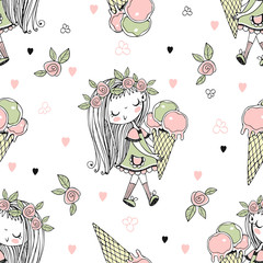 Seamless pattern with a cute little girl with ice cream in a waffle Cup. Vector.