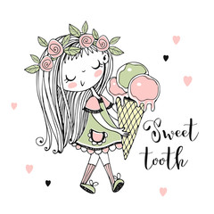 Cute little girl goes with a big ice cream. Sweet girl. Vector.