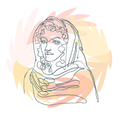 Vector outline illustration of woman woman in scarf on floral background with exotic leaves. One line drawing. Greeting card, poster, banner, social media post, fashion print, invitation, brochure