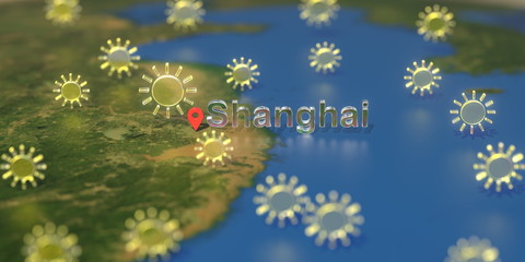Sunny weather icons near Shanghai city on the map, weather forecast related 3D rendering