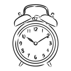 Alarm clock illustration, drawing, engraving, ink, line art
