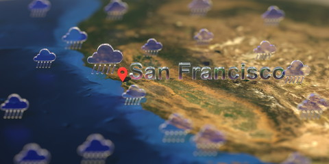 Rainy weather icons near San Francisco city on the map, weather forecast related 3D rendering