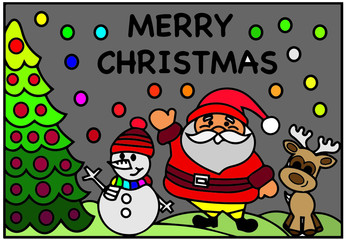 christmas card with santa claus and snowman