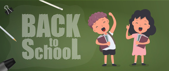 Back to school banner. Children rejoice at the start of the school year. Satisfied schoolchildren. Vector.