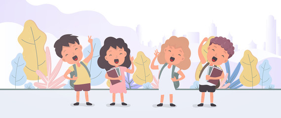 Back to school banner. Children rejoice at the start of the school year. Satisfied schoolchildren. Vector.