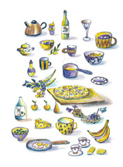 Illustration with a set of bright dishes for the design of the menu