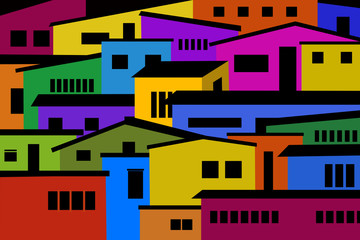 A colourful crowded place of densely packed houses