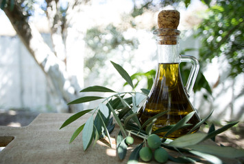 olive oil bottle in garden
