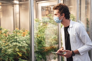 Caucasian male researcher with digital tablet observing the growth progress of plants in glasshouse during COVID-19 outbreak