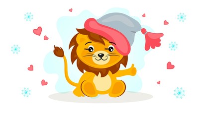 Little cartoon lion in winter hat.
Vector isolated.
