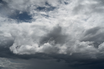 Gloomy gray rain clouds in the sky. Atmospheric natural background.