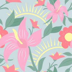 Seamless floral pattern. Pink flowers, sun. Flat design.