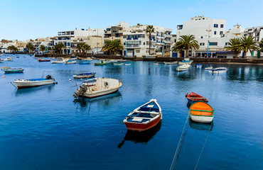 Fototapeta na wymiar A view across the lagoon of Charco de San Gines in Arrecife, Lanzarote on a sunny afternoon