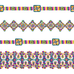 African tribal ethnic geometric seamless borders set in watercolor. Border decoration elements patterns in bright colors