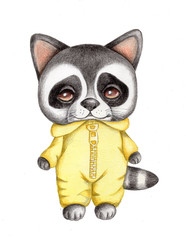Cute cartoon little raccoon in blue with dummy. Watercolor hand drawn illustration, isolated on white.