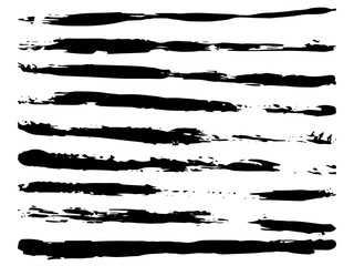 Set of black ink horizontal hand drawn brushes. Abstract isolated grunge lines, or stripes. Vector illustration.	
