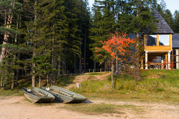 Aluminium fishing boats on sandy shore and wooden cottage with big windows in pine tree forest.