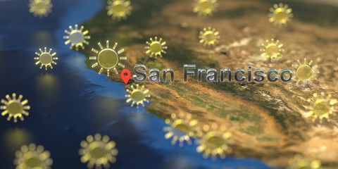 Sunny weather icons near San Francisco city on the map, weather forecast related 3D rendering