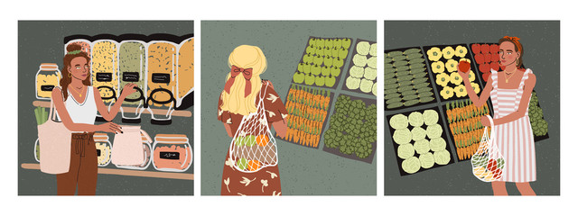 Vector colorful set with illustrations of cute young girl with eco bag buy food in the store or market, trendy dressed on abstract backgrounds. Zero waste concept.