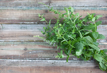 Fresh peppermint leaves on a wooden background