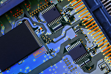 Electronic circuit board close up.