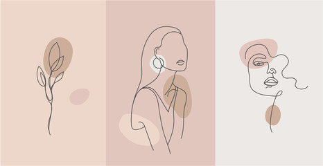 Vektorporträt im minimalistischen Stil. Linienblume, Frauenporträt. Handgezeichneter abstrakter weiblicher Druck. Verwendung für Social-Net-Storys, Beauty-Logos, Posterillustrationen, Karten, T-Shirt-Druck © marylia17