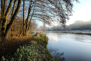 Morning mist and frost on the River Wey, Surrey, on a cold winter's morning