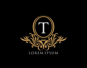 Luxury T Letter Logo. Luxury calligraphic vintage emblem with beautiful classy floral ornament. Elegant logo design Vector illustration.
