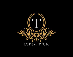 Luxury T Letter Logo. Luxury calligraphic vintage emblem with beautiful classy floral ornament. Elegant logo design Vector illustration.