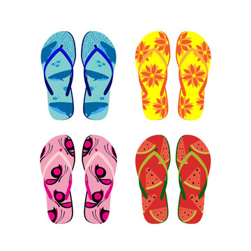 Vector set with stylish and colorful summer flip flops