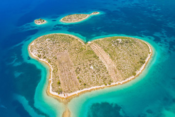 Heart shaped island of Galesnjak in emerald sea, amazing Adriatic coast, Croatia