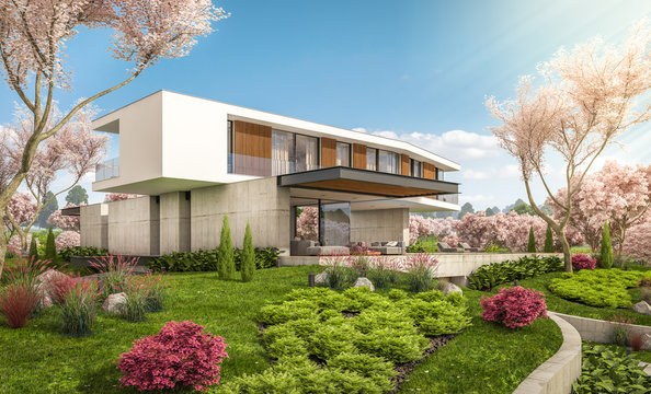 3d rendering of modern cozy house on the hill with garage and pool for sale or rent. Fresh spring day with a blooming trees with flowers of sakura on background.