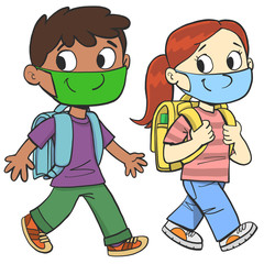boy and a girl with masks on their faces happily go to school