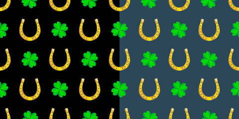 Gold horseshoe and clover leaf, set of seamless patterns.