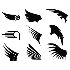 Set Black Line Flat Collection Wings Vector Icon Feather Design Style Decoration Sketch Cartoon
