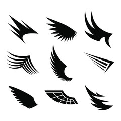 Set Black Line Flat Collection Wings Vector Icon Feather Design Style Decoration Sketch Cartoon