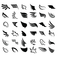 Obraz na płótnie Canvas Set Black Line Flat Collection Wings Vector Icon Feather Design Style Decoration Sketch Cartoon