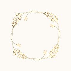 Elegant nature frame with herbs and leaves. Golden colour. Vector isolated illustration.