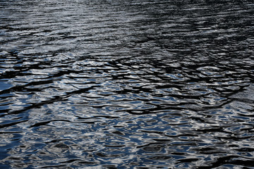 Abstract background. The surface of the water is dark blue, almost black with small waves, ripples and highlights.