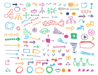 Abstract color hand drawn arrows and pointers. Cartoon arrow sign. Set of arrow symbol. Collection of modern doodle arrow. Vector illustration isolated on white background.