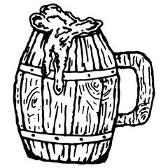 Wooden mug with beer. Vector illustration of a vintage mug made of wood for beer. Hand drawn mug with a frothy beer.
