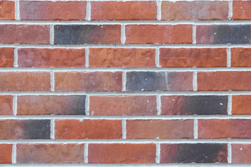 Vintage stained brick wall colored in red, orange, black with paint splatter on it's surface and white seams, background texture for interior and exterior design, wide banner