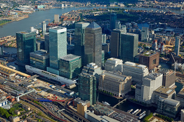 Fototapeta na wymiar Helicopter view of the financial district of Canary Wharf in East London