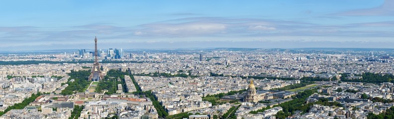 Paris aerial cityscape from Eiffel Tower to Grand Palais with La Defense, Hotel des Invalides, Arc de Triomphe and Pont Alexandre III. 100Mpixel panoramic from Tour Montparnasse observation desk.